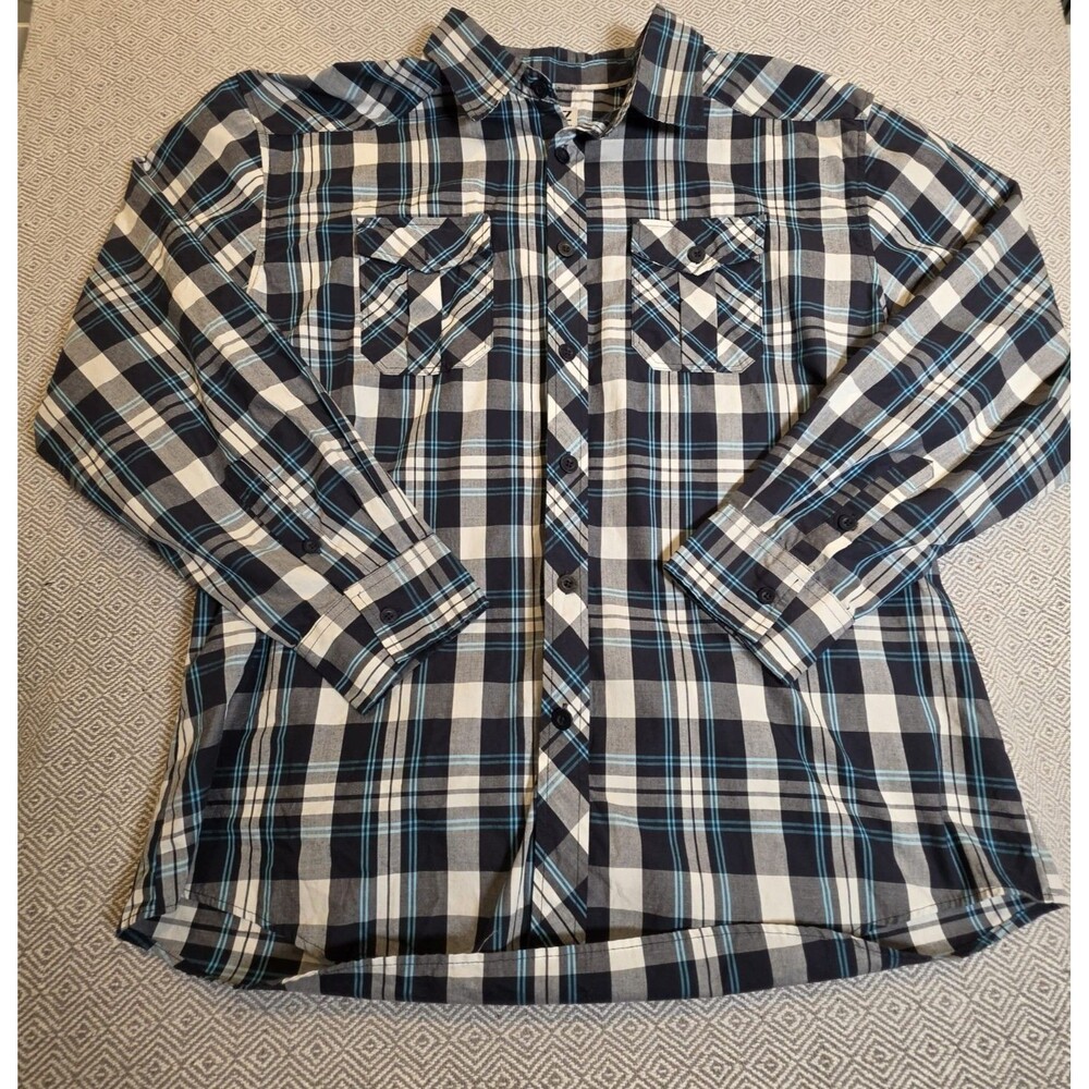 Vtg Plaid Button Up Shirt 3XL Black Gray Blue Tartan Grunge Y2K